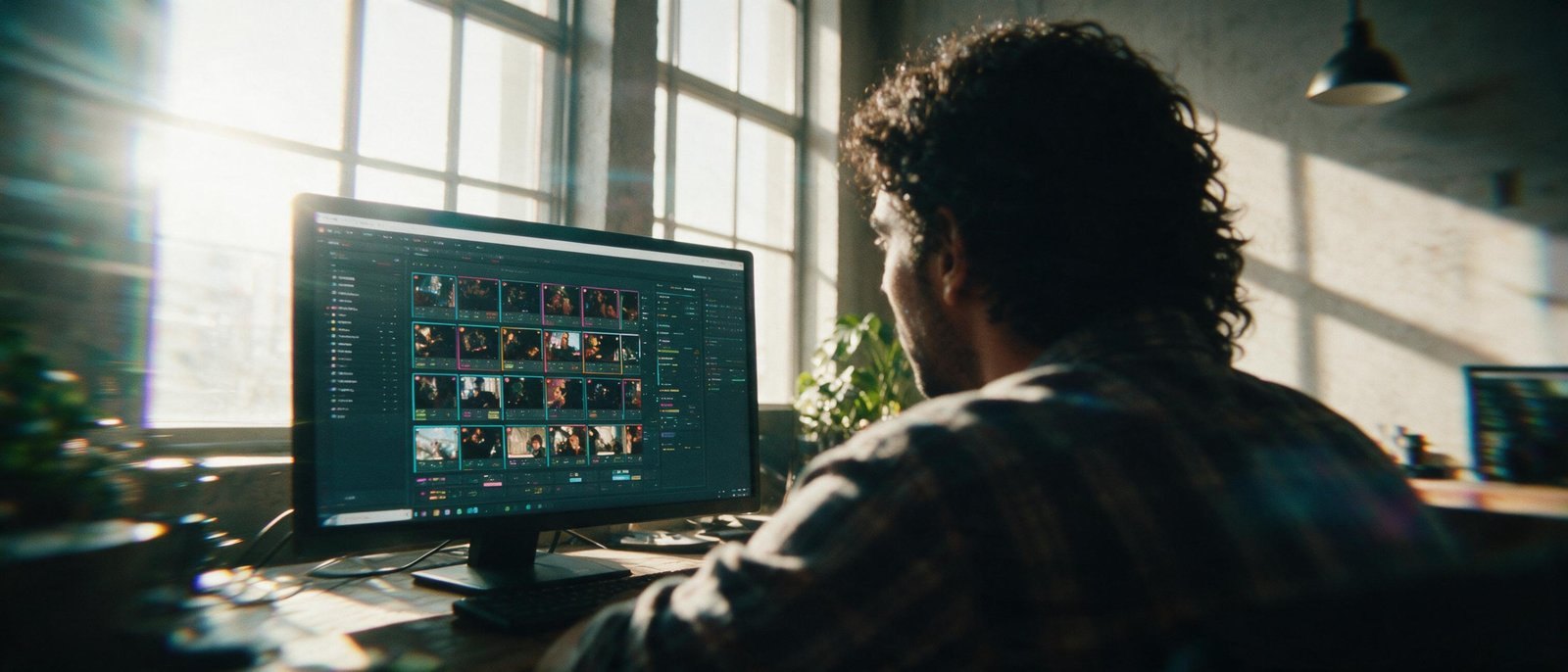 Aril&egrave;s reviewing the day&rsquo;s takes on the Slopdash board, seen over his shoulder, the monitor to his left and the studio behind