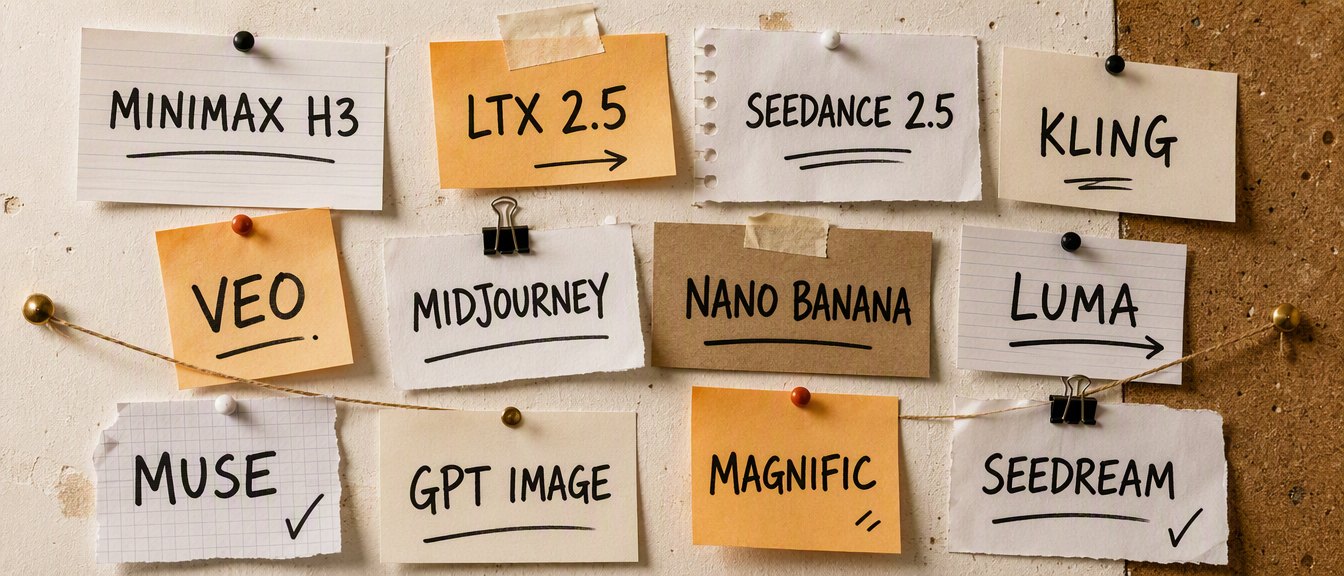 Pre-production wall: cards pinned up for MiniMax H3, LTX 2.5, Seedance 2.5, Kling, Veo, Midjourney, Nano Banana, Luma, Muse, GPT Image, Magnific and Seedream