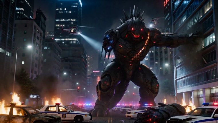 Frame from the cut: the sixty-five foot creature roaring among the police cars