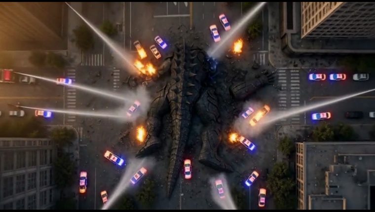Frame from the cut: aerial view of the creature down, police lights fanned out around it
