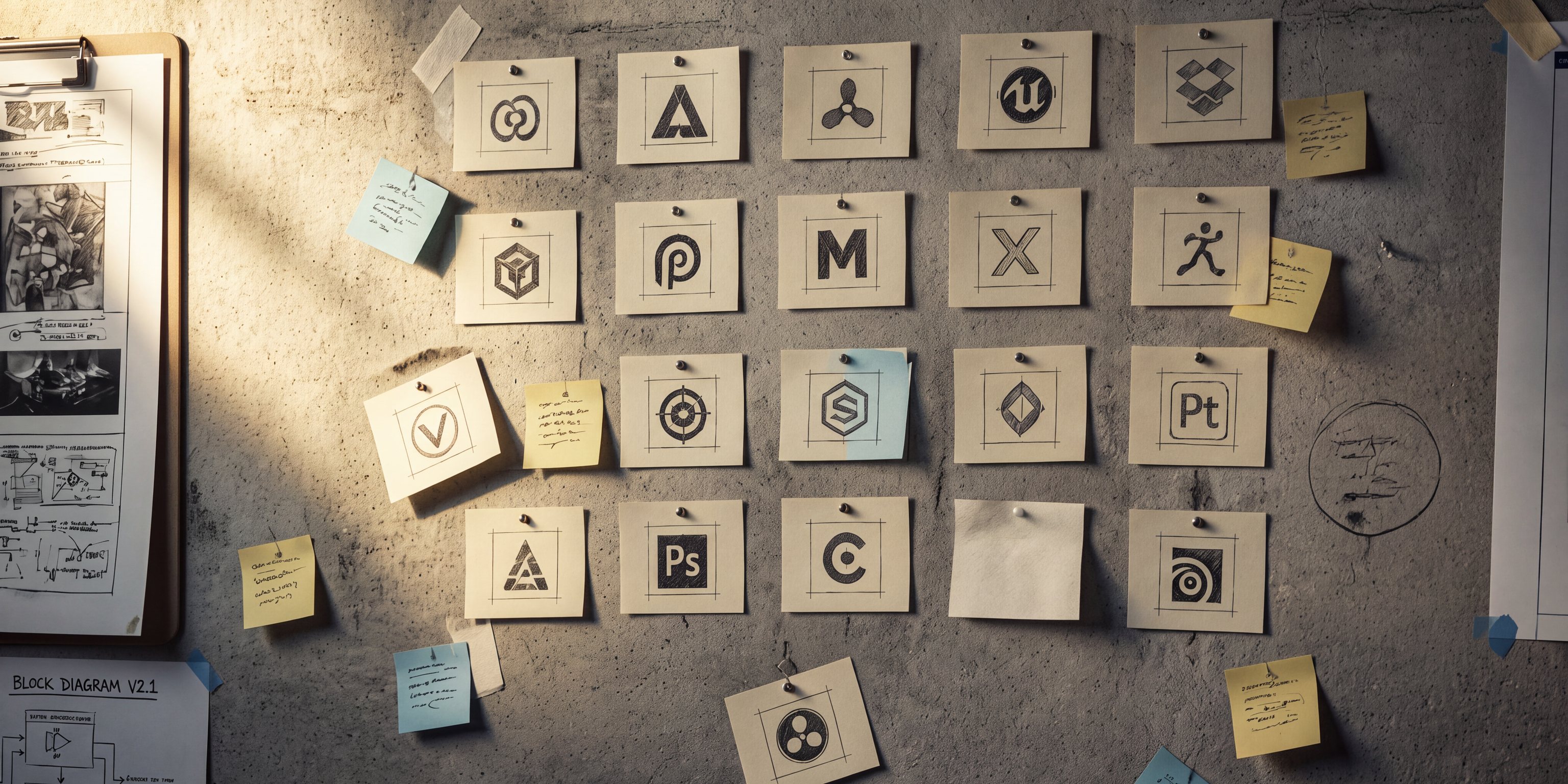 The engine board: printed cards pinned to a concrete wall, post-its at angles, a folded page over one of them