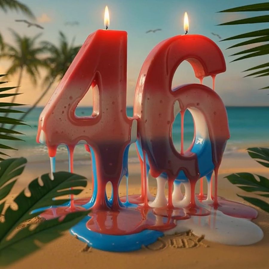 46 in poured red and blue paint
