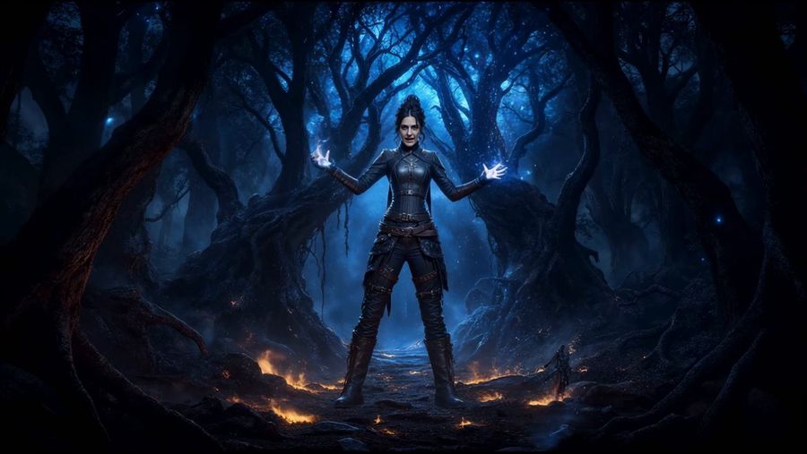 The sorceress in the burning forest, hands lit