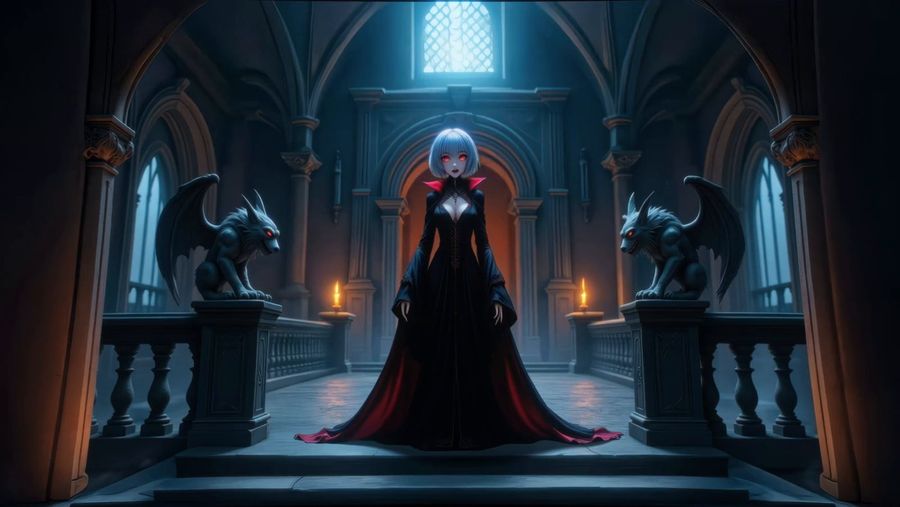 The gothic throne room, a gargoyle either side