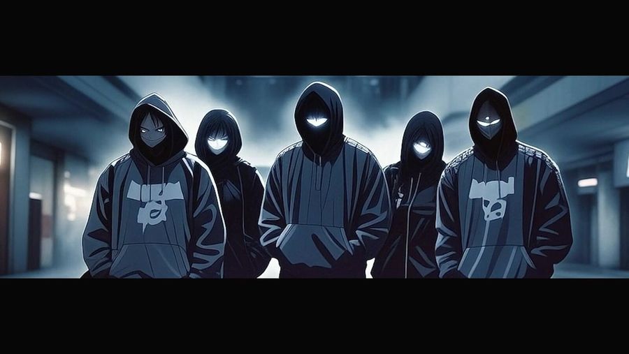 Five hoods in a row, nobody moving