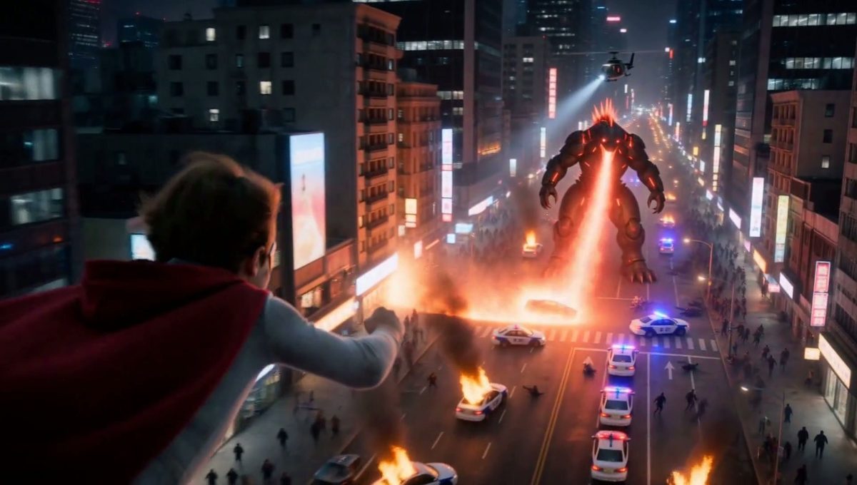 The Last Battle: the masked boy on the avenue, the monster behind him in the neon night